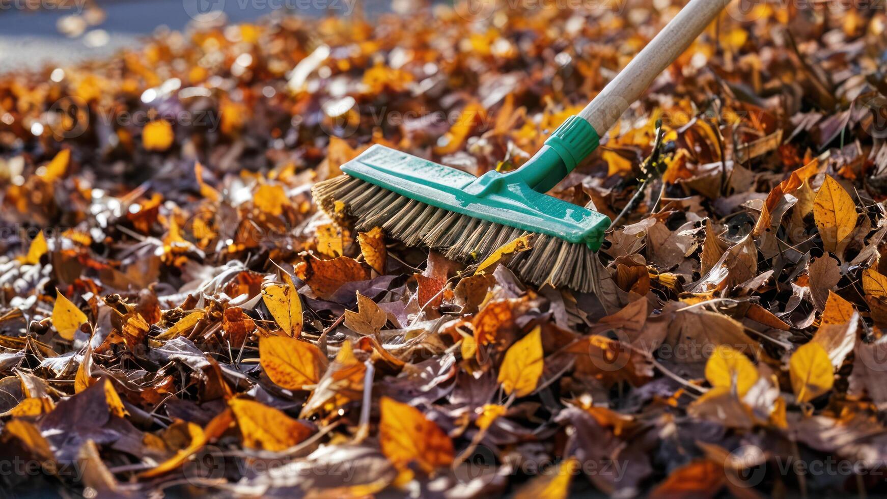 a broom and leaf rake sitting over some leaves, photo
