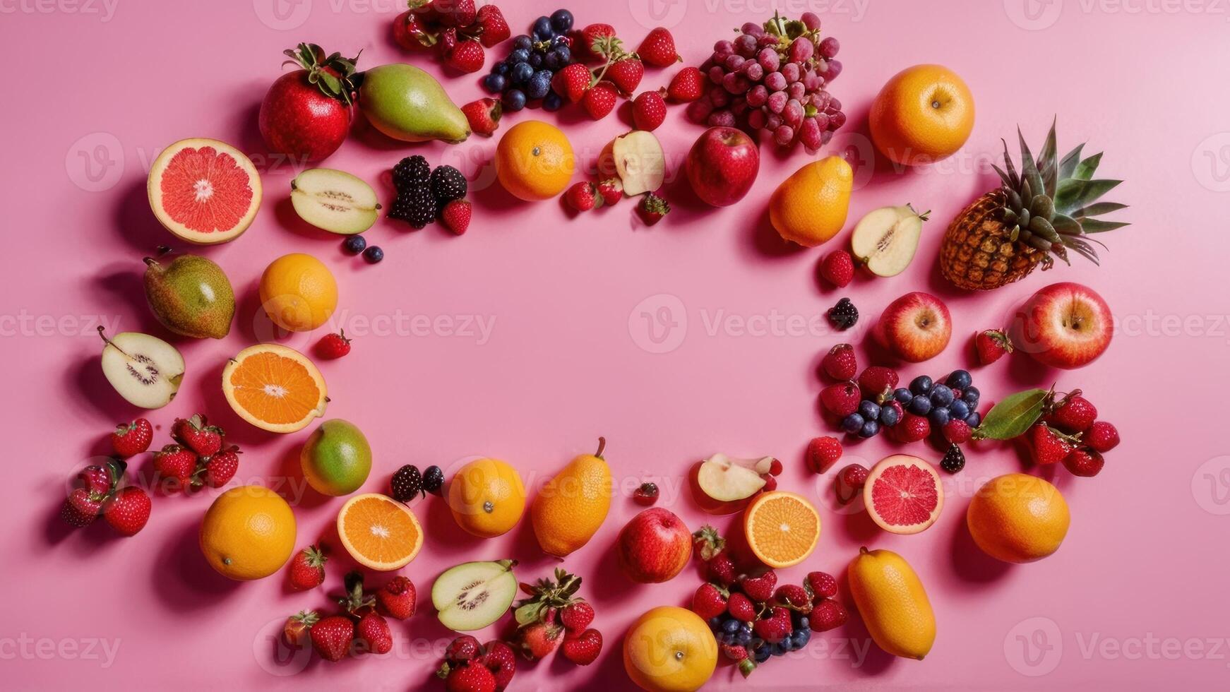 mixed fruits arranged in a circle on a pink counter, photo