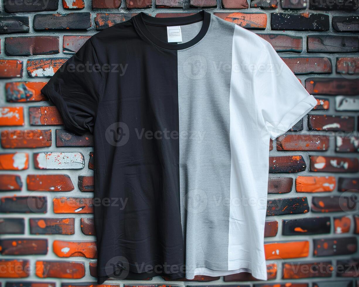 three different colored ts shirts on hang up against a brick wall, photo