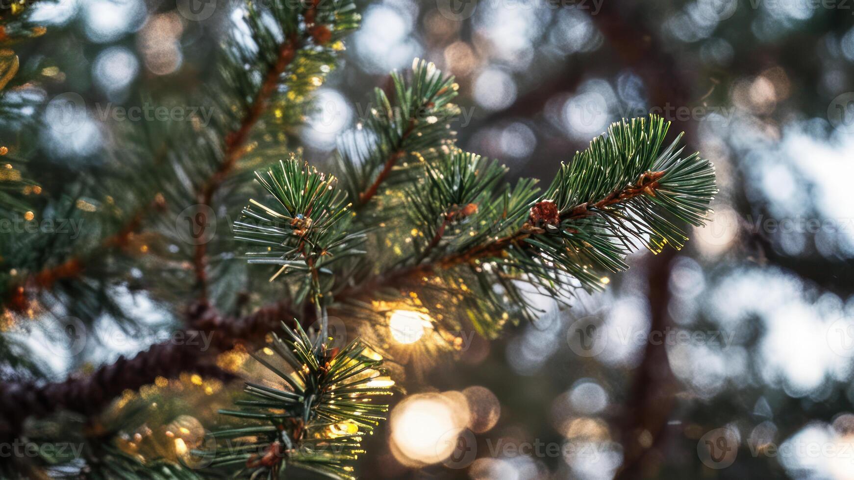 a pine tree with lights in the background, photo
