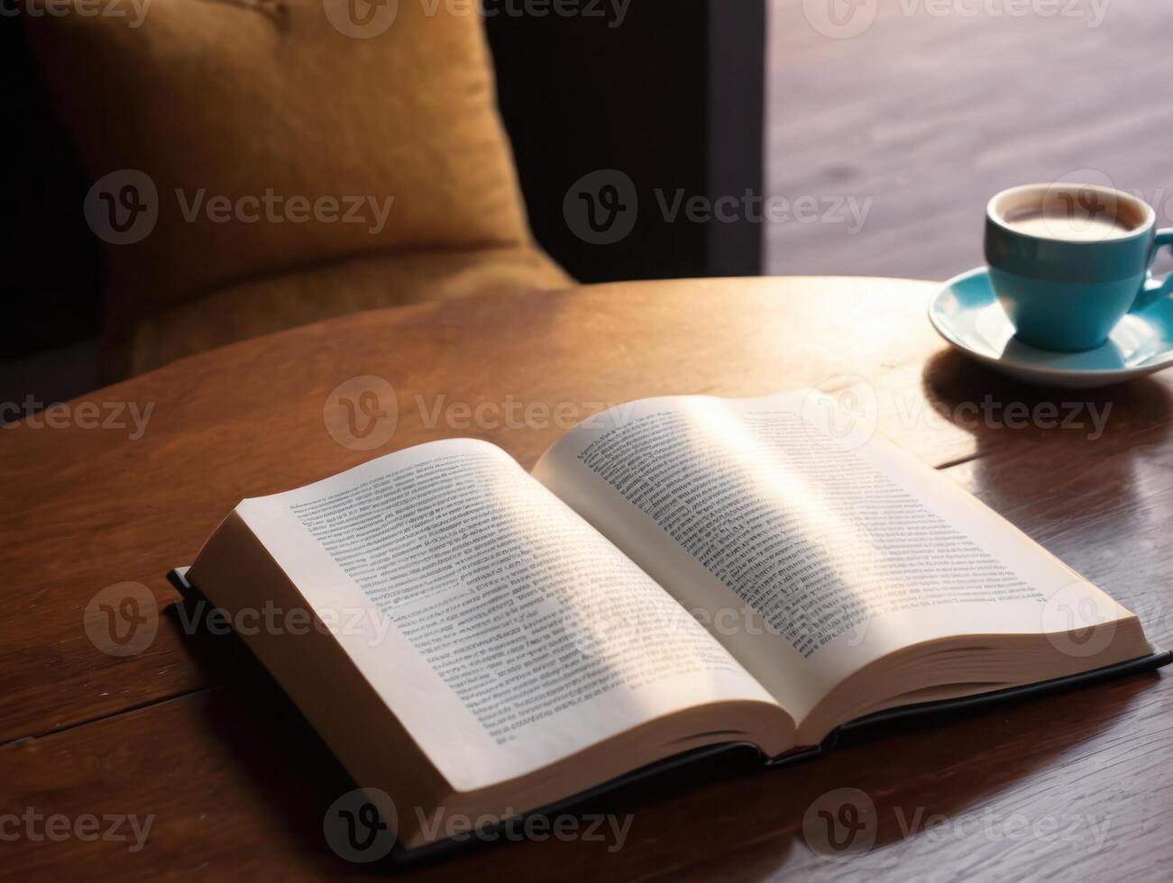 an opened book and cup of coffee on top of table, photo