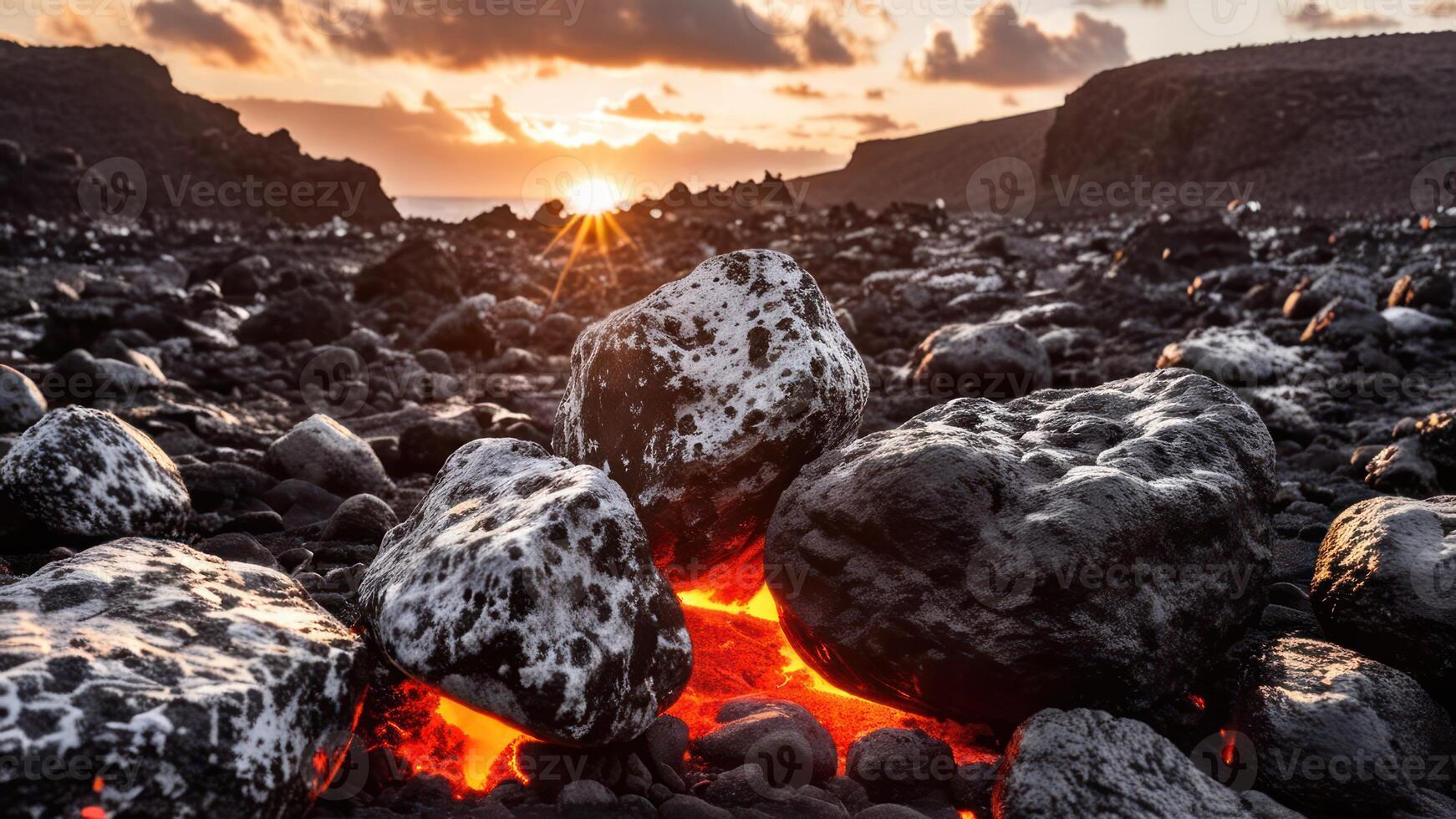 volcanic mountains are covered by dark lava rocks, photo