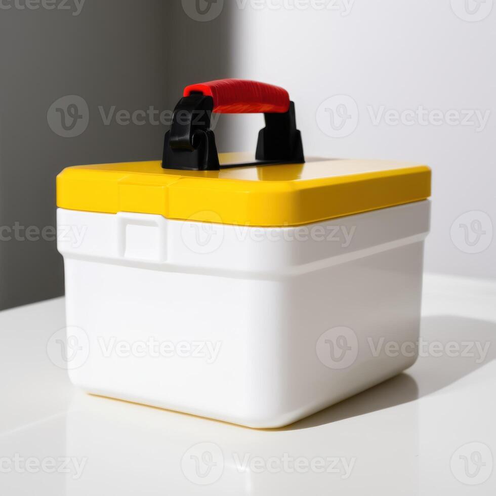 an open plastic toolbox is shown on the table, photo