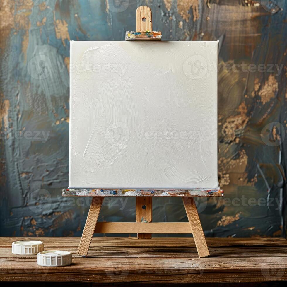 the easel is next to a canvas with paint and brushes, photo