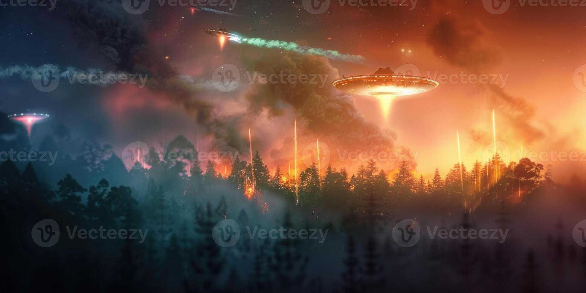 space ship in front of fog covered trees, photo