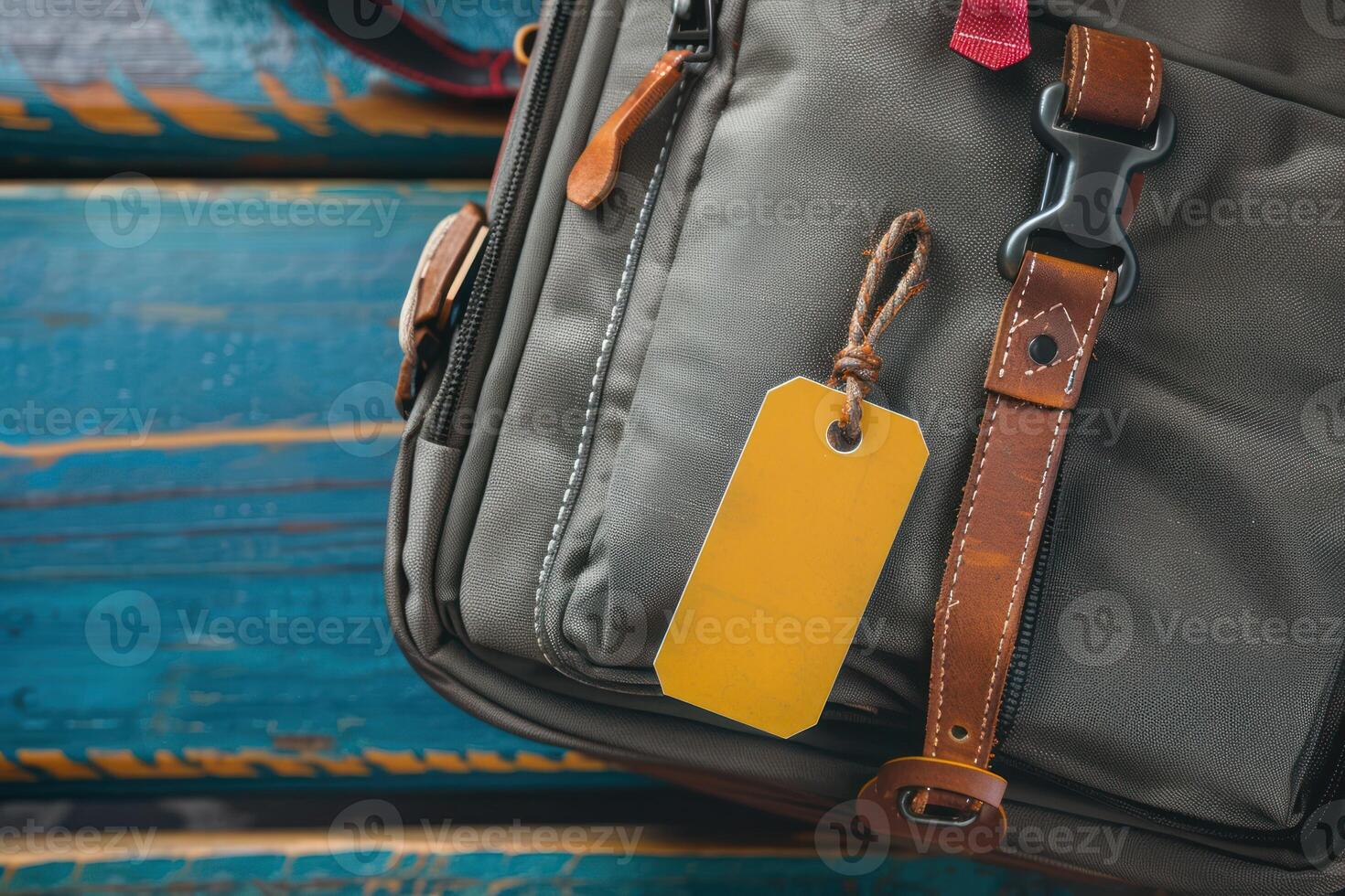 back end pocket with yellow tags on the strap, photo