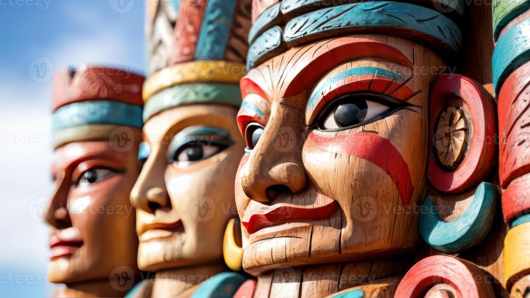 three wood carved heads standing on top of each other, photo