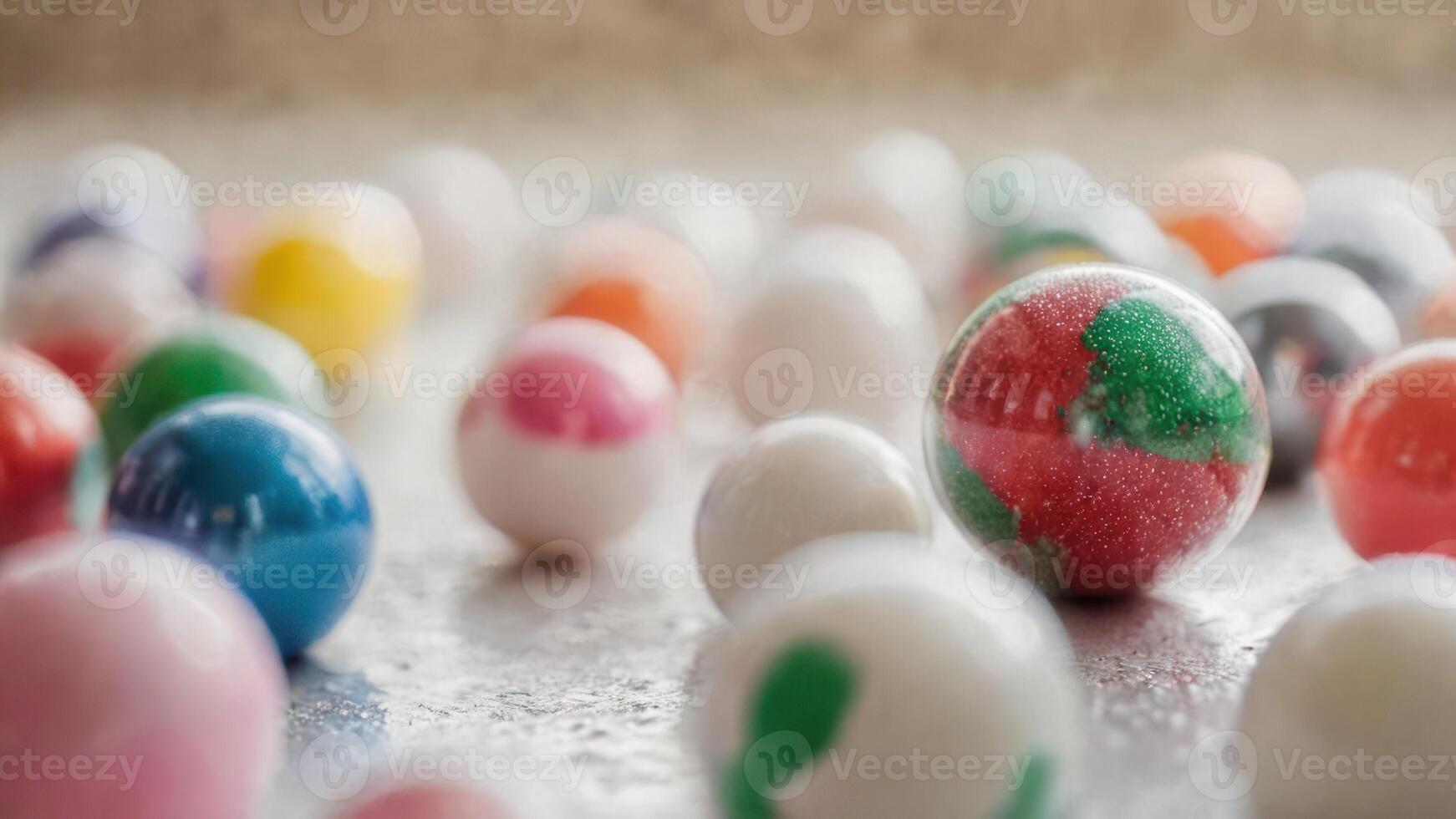 many shiny and vibrant candies surrounded by smaller chocolate eggs, photo