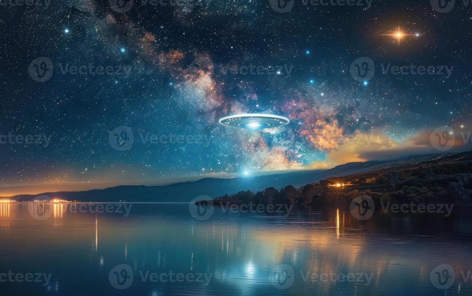 the ufo ship in the sky above the ocean with lights, photo
