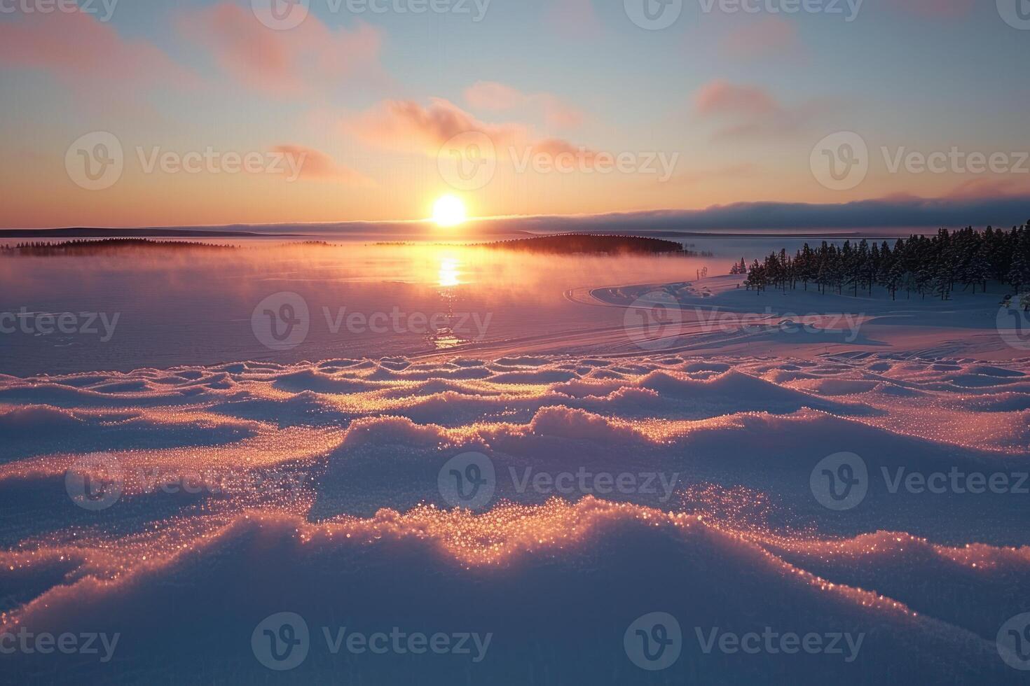 the sun is setting over some deep snow, photo