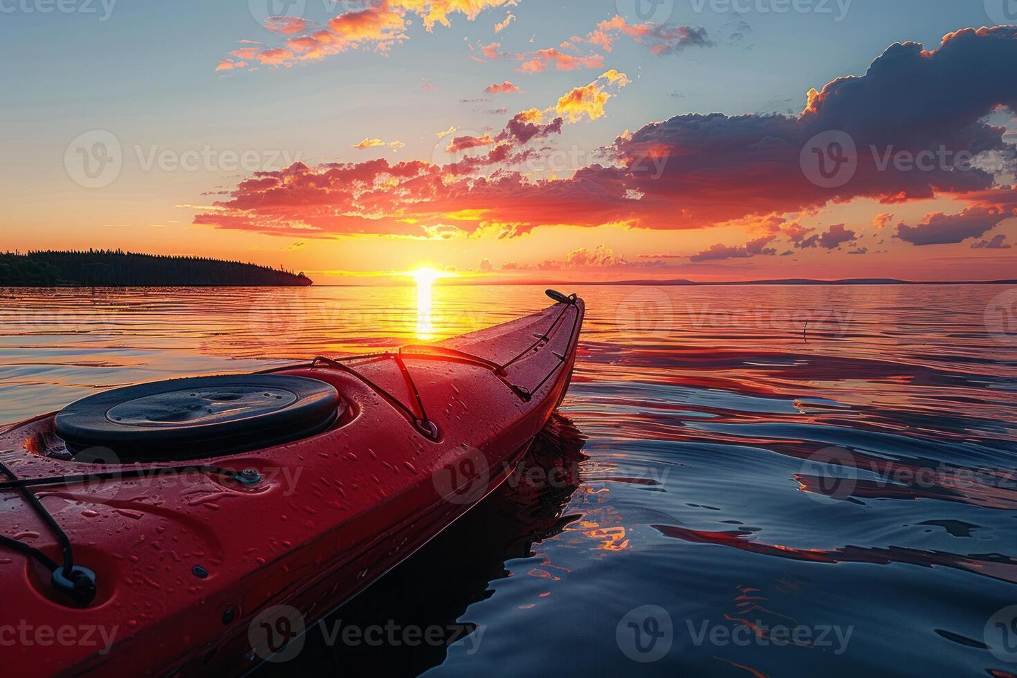 the sun sets on the ocean with another boat in the foreground, photo
