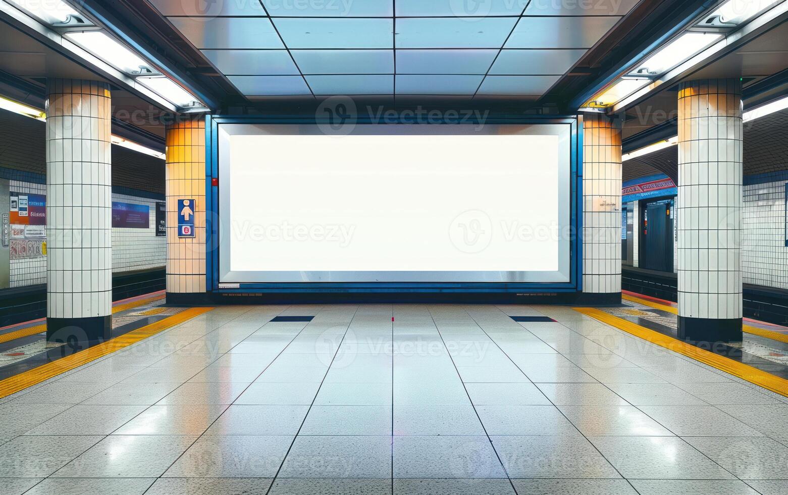 empty subway platform with columns leading from right to left, photo