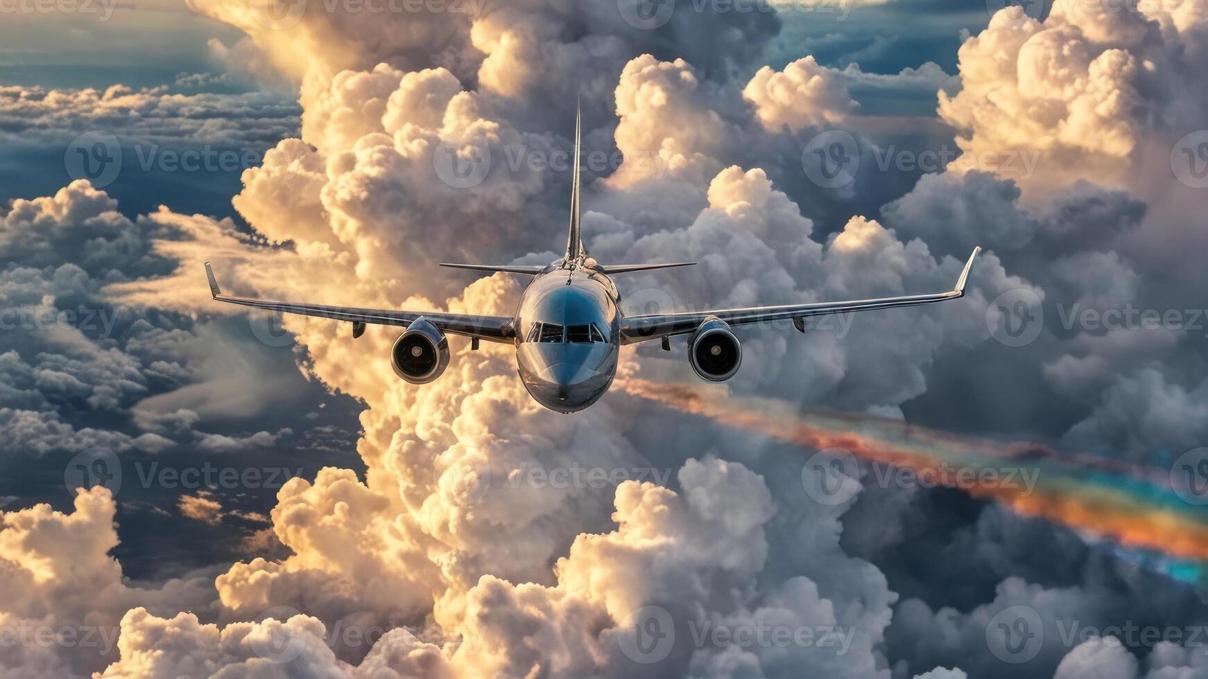 the jet is flying through many clouds with rainbows, photo