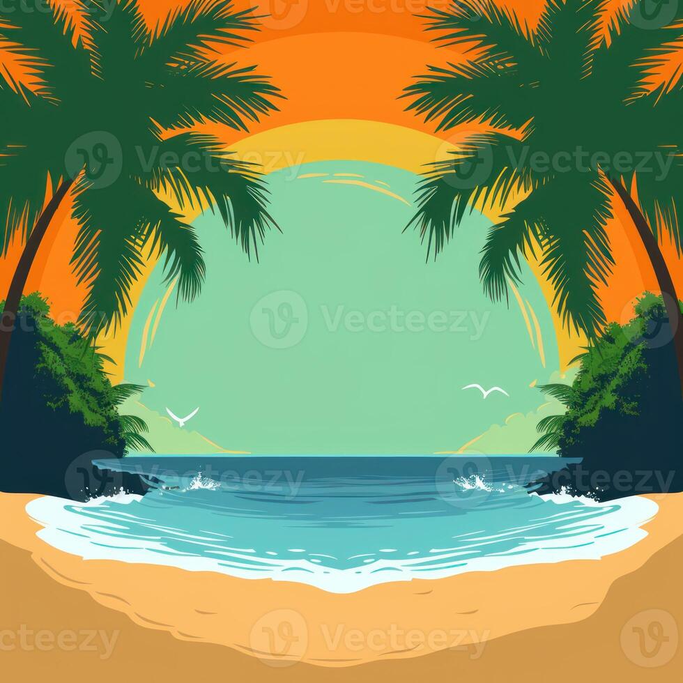an image of a tropical beach with the sun setting and birds in flight, photo