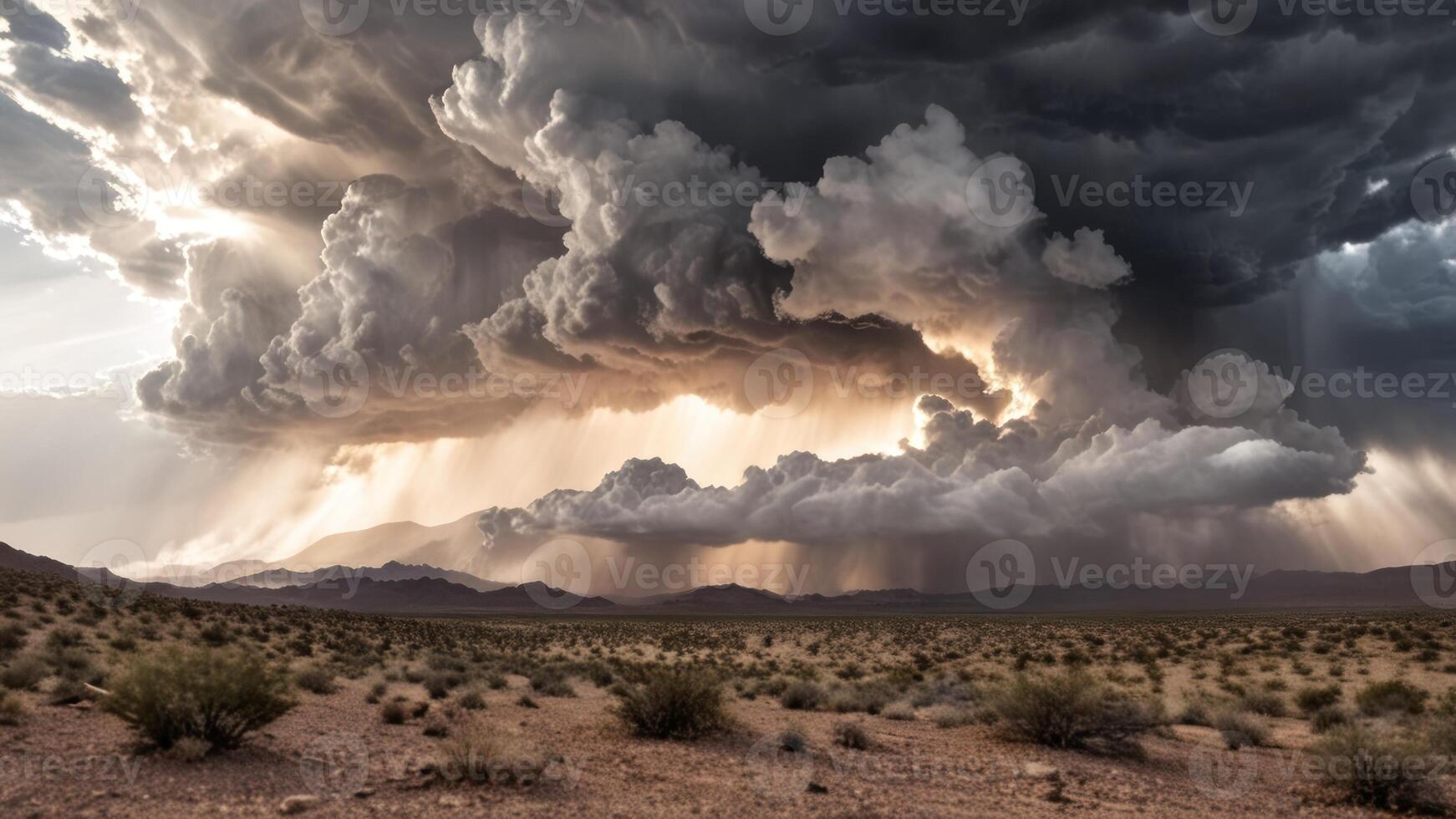clouds coming down on an empty desert land, photo