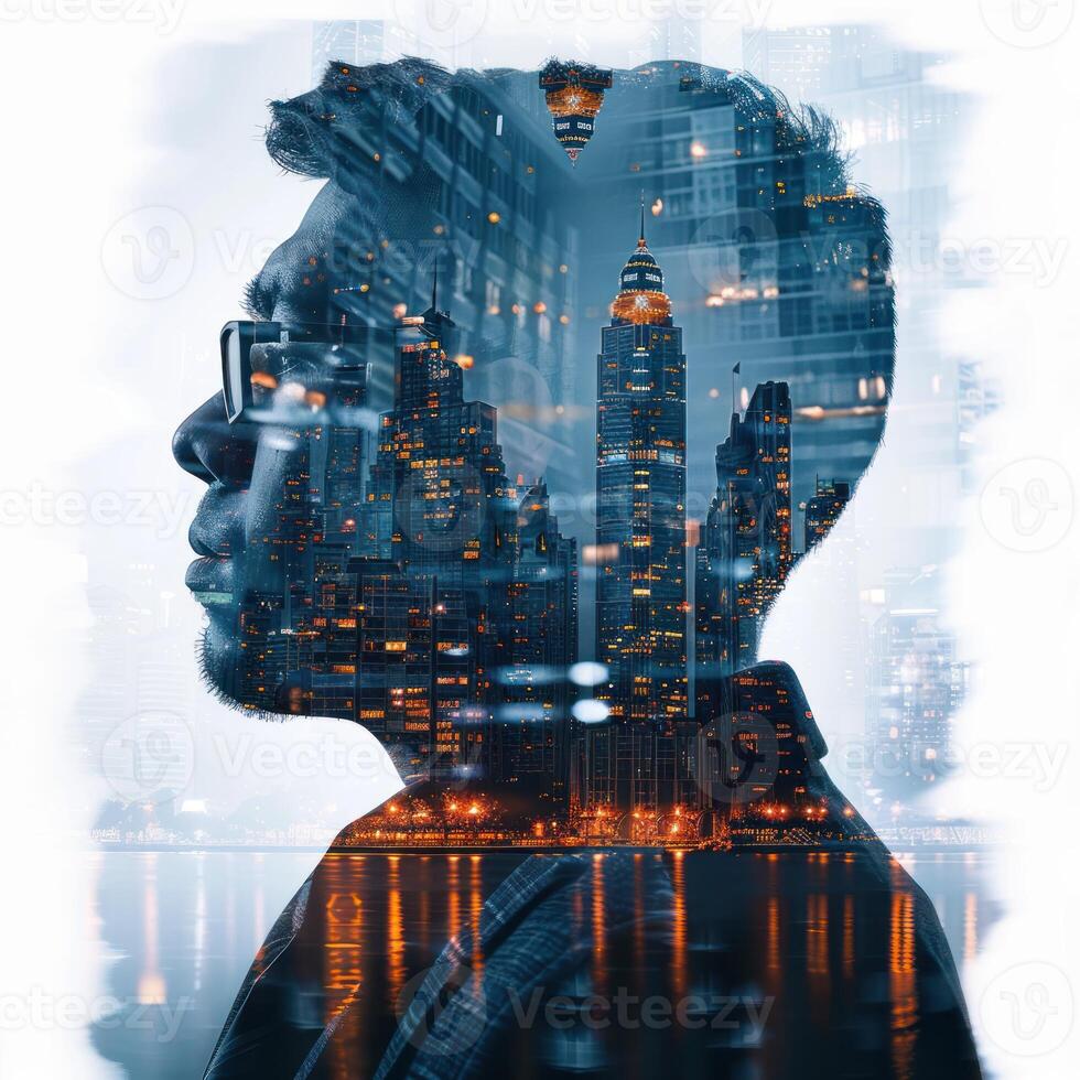 a man standing in front of buildings with the city lights coming in through it, photo