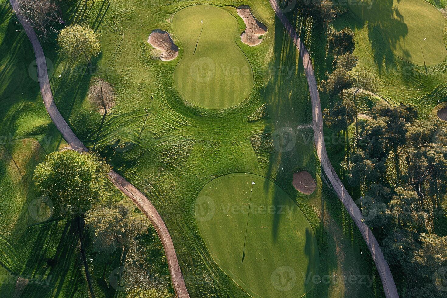 an aerial shot shows a golf course surrounded by wooded area, with several holes, photo