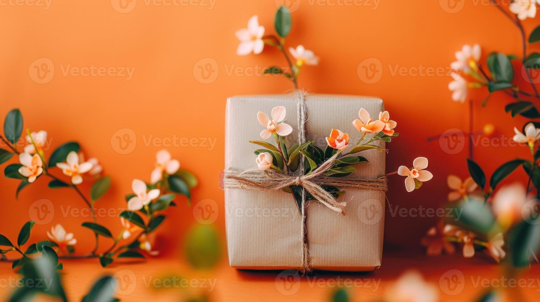 a piece of paper wrapped with string, tied with a twine and flowers, photo