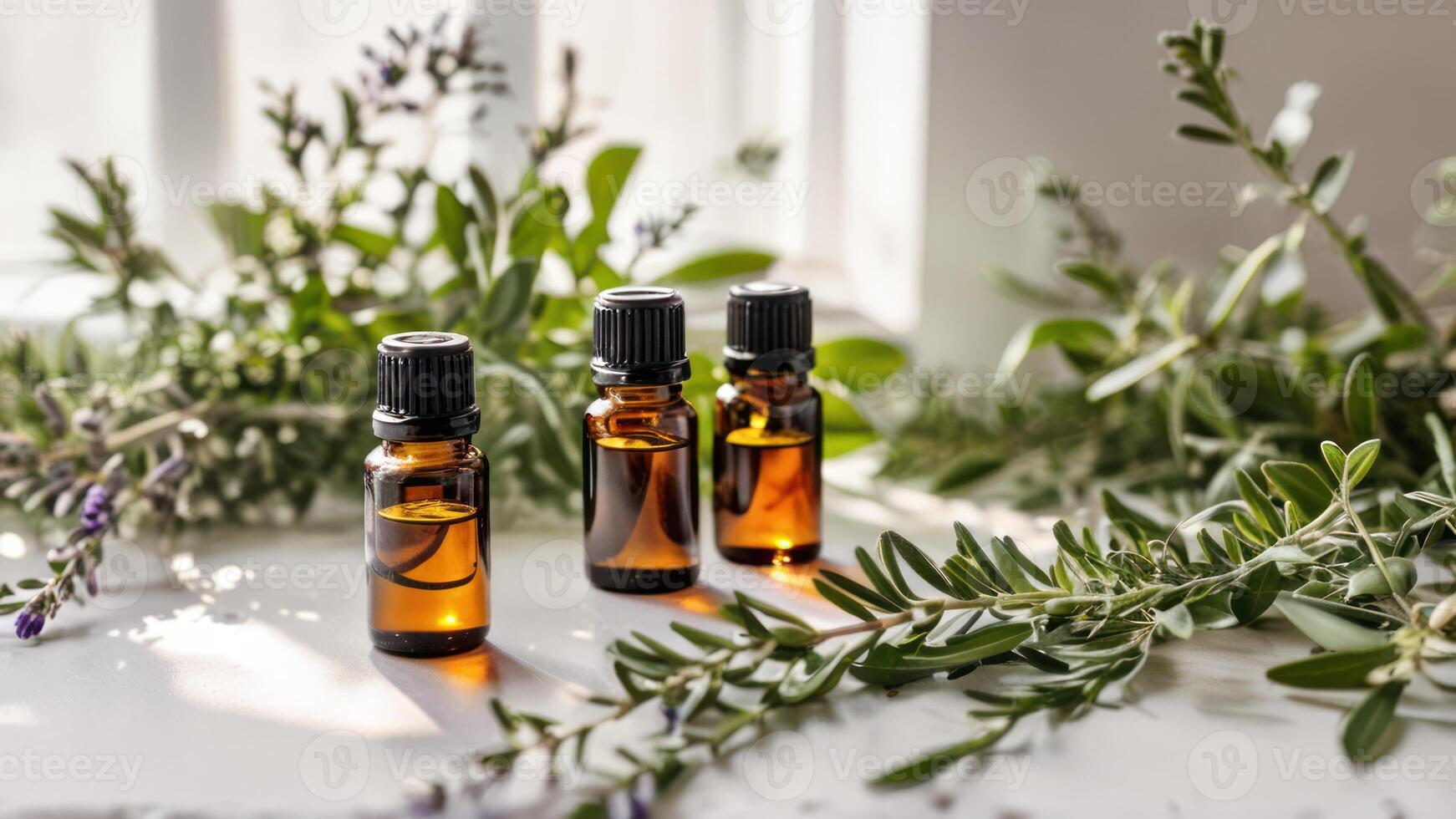 two bottles of essential oils with leafy leaves on table, photo