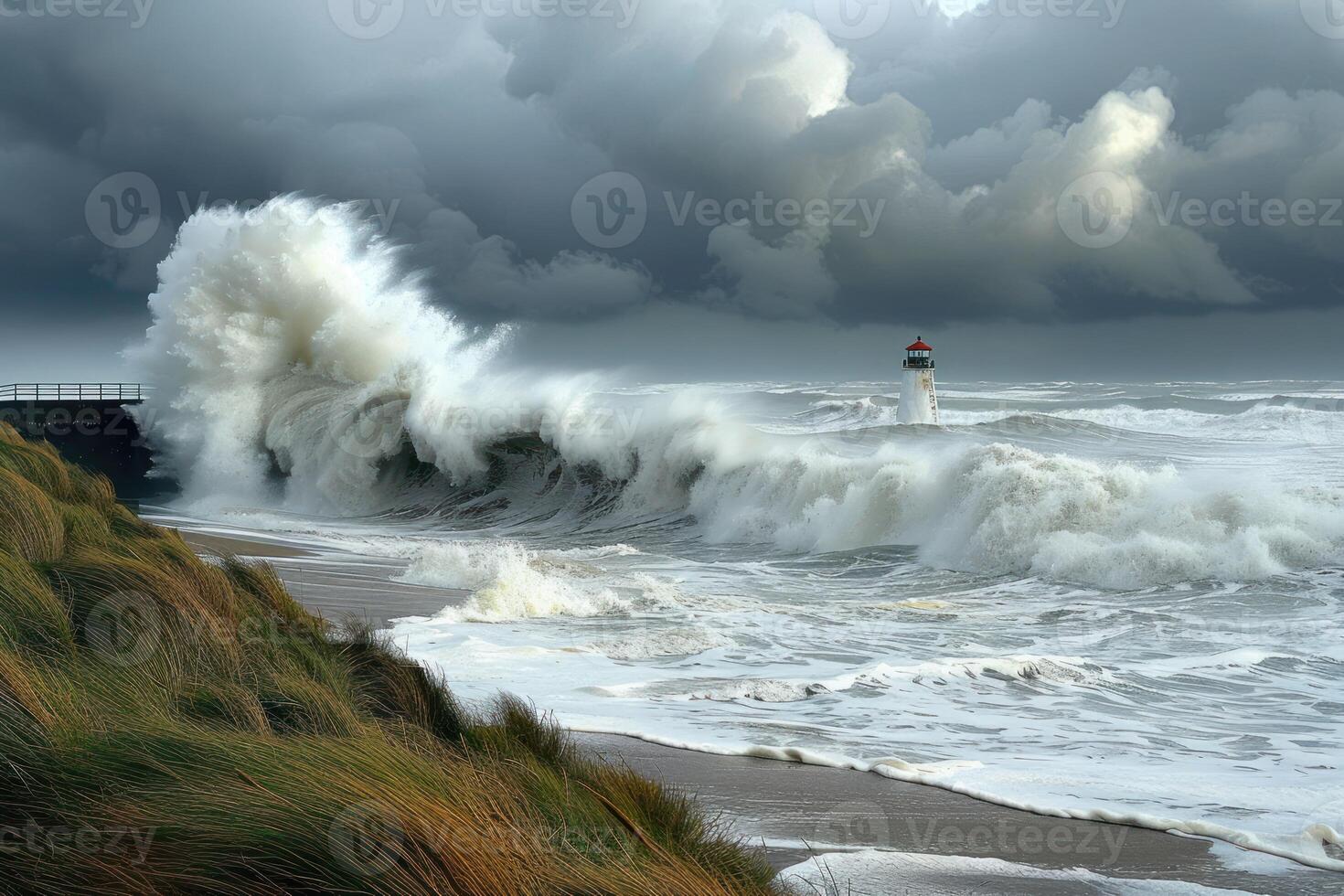 a lighthouse surrounded by huge waves on the coast, photo