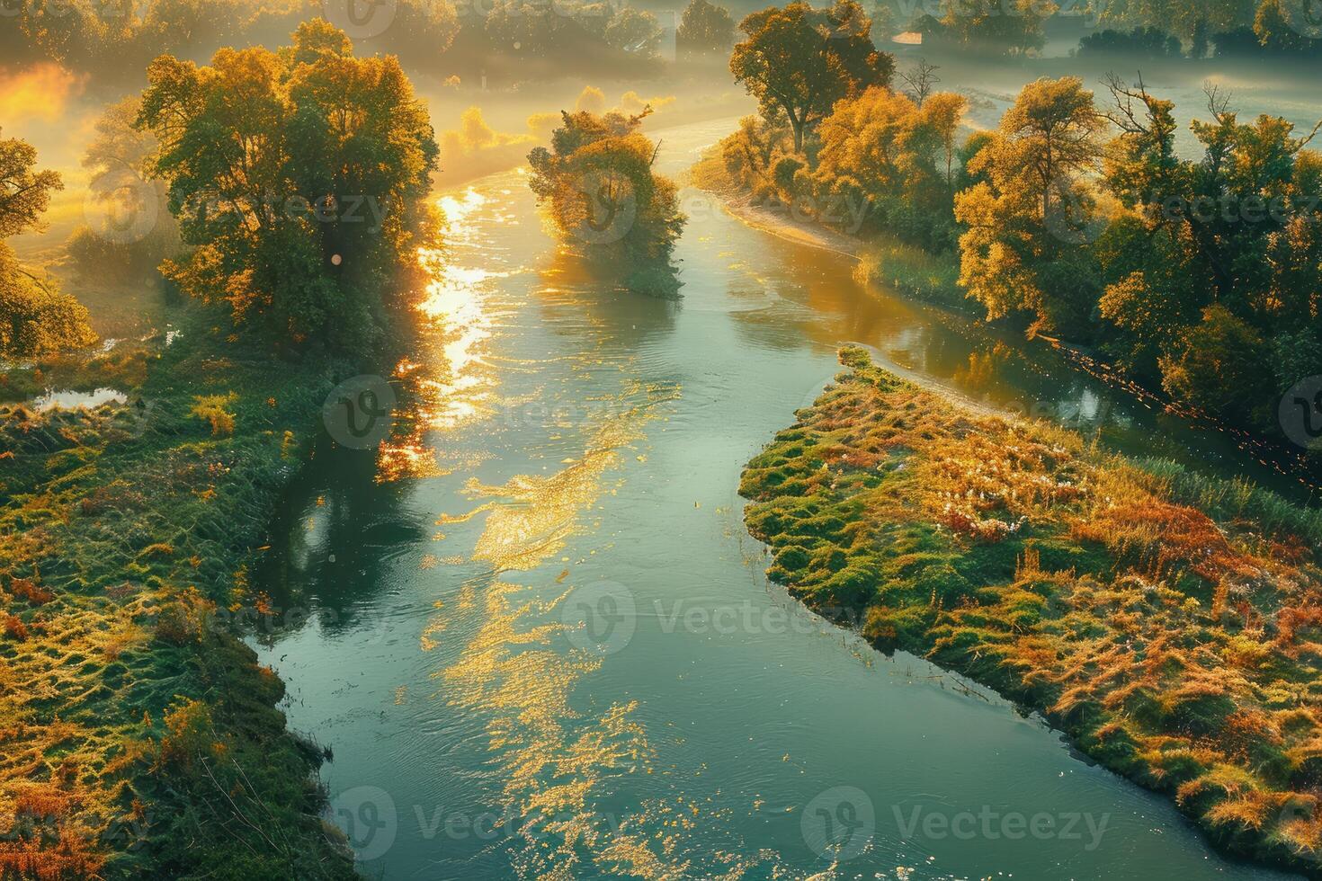 an aerial view of trees and water on a foggy morning, photo
