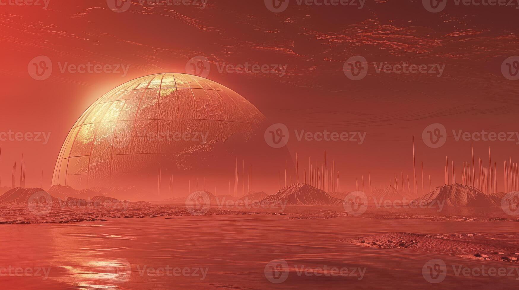 mars land with planets and giant orange alien spaceship, photo