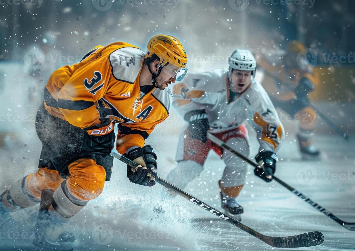 two players are running while trying to make the shot, photo