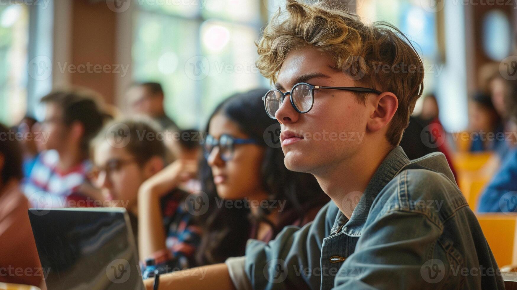 Classroom Focus. Students attentively listening during a lecture, with a soft and engaging atmosphere. photo