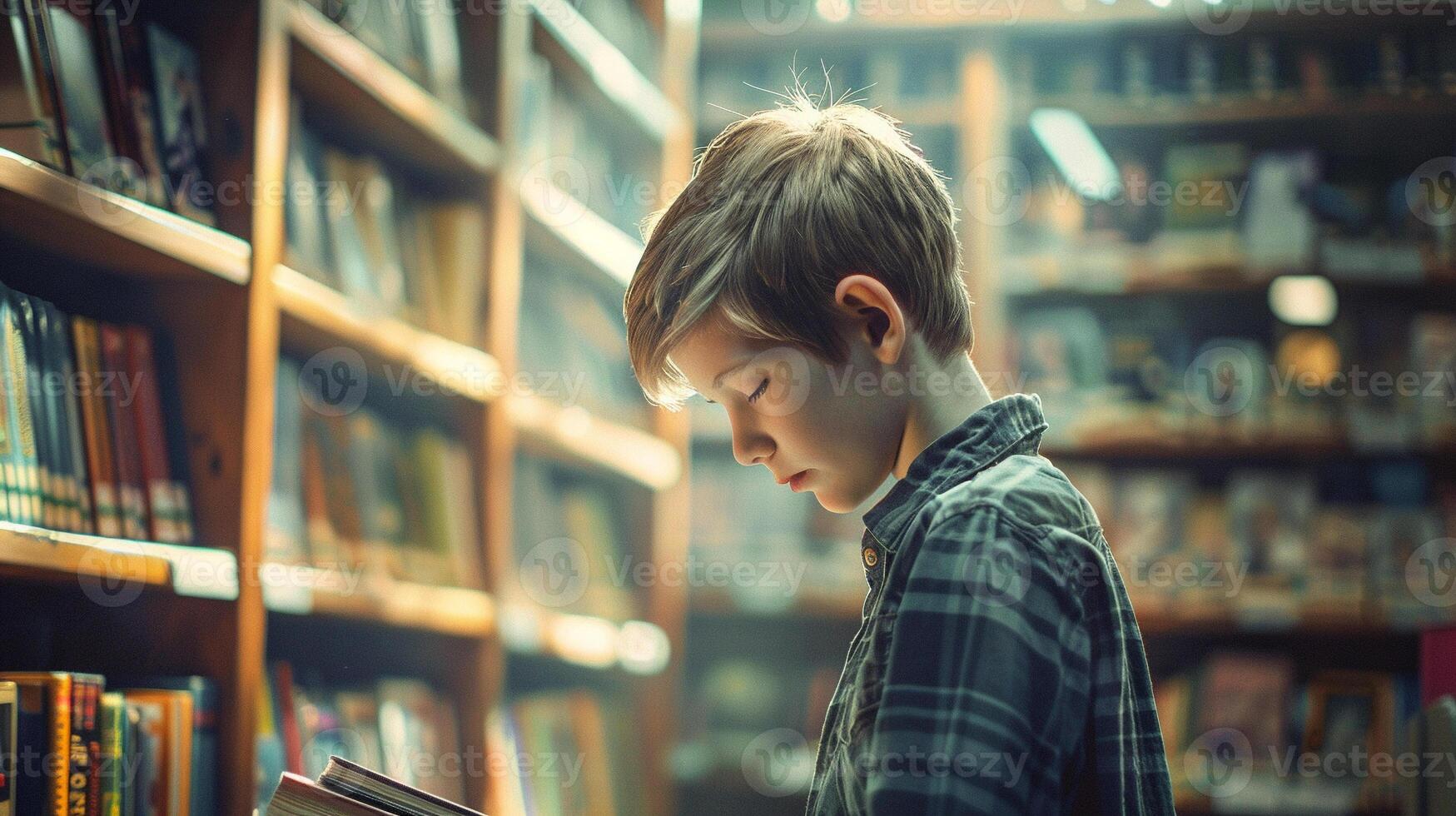Young Boy Reading in Library photo