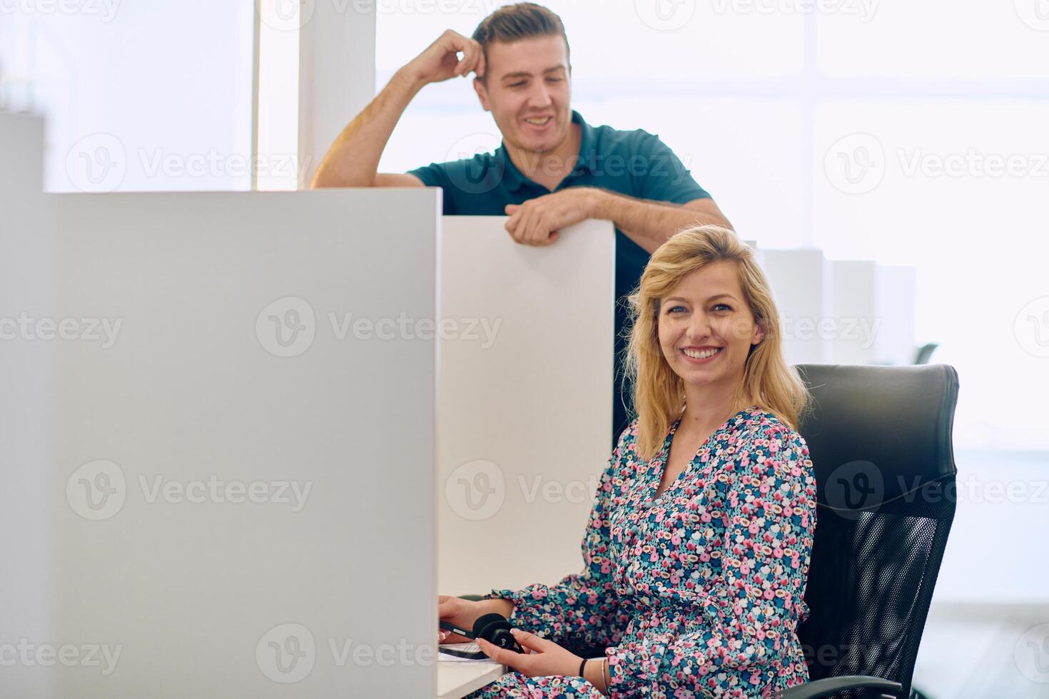 Colleagues in the call center take a moment to connect during their break. photo