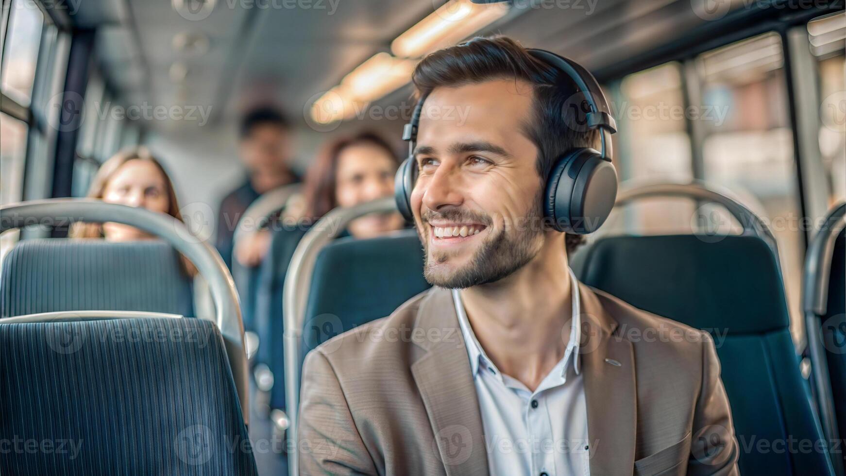 Smiling businessman listening to music on headphones while traveling by bus. photo