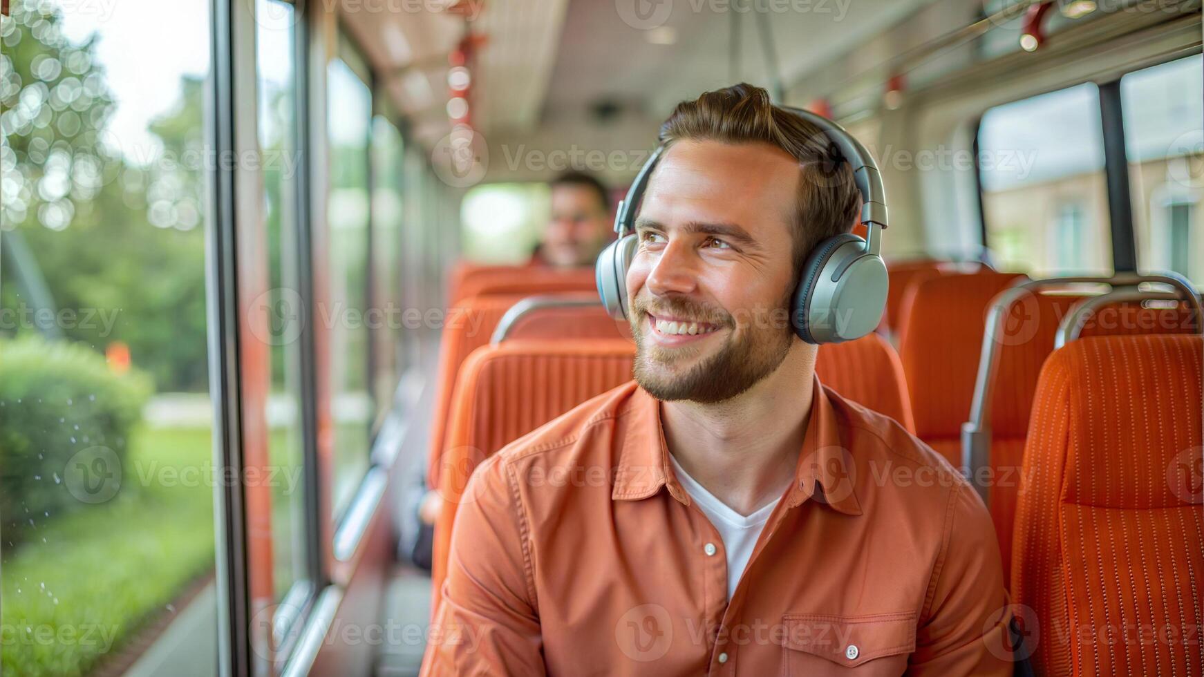 Young man listening to music with headphones on the bus in summer. photo