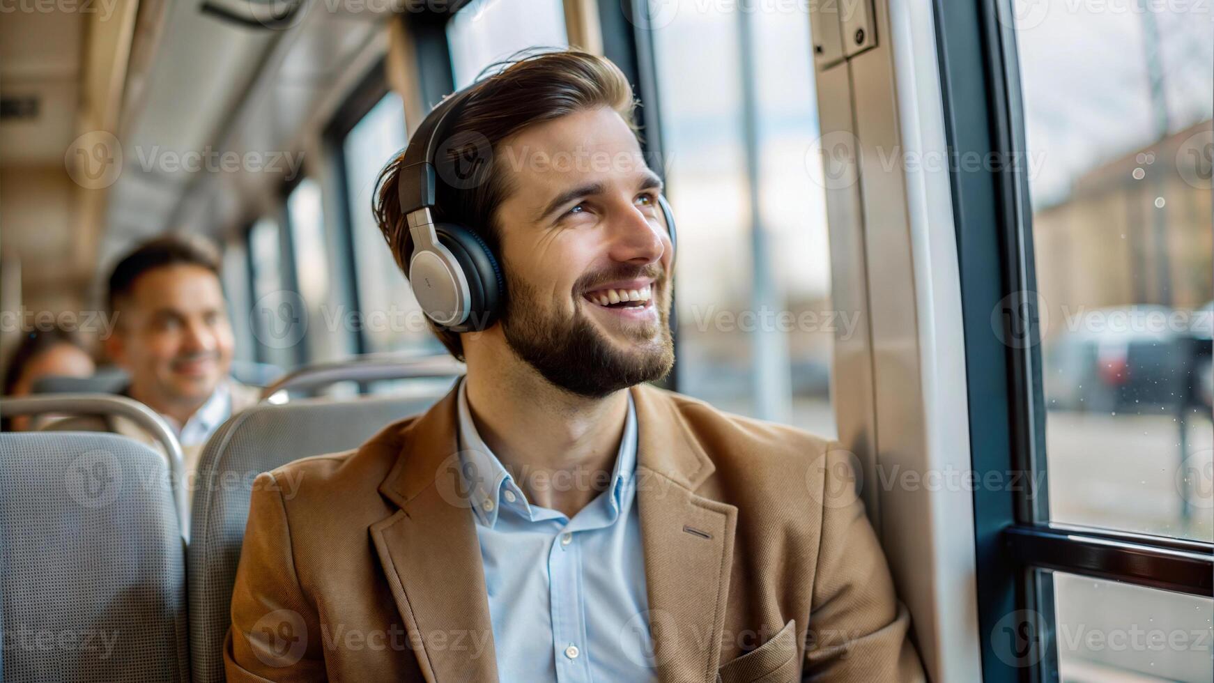 Handsome man listening to music with headphones while riding in bus photo