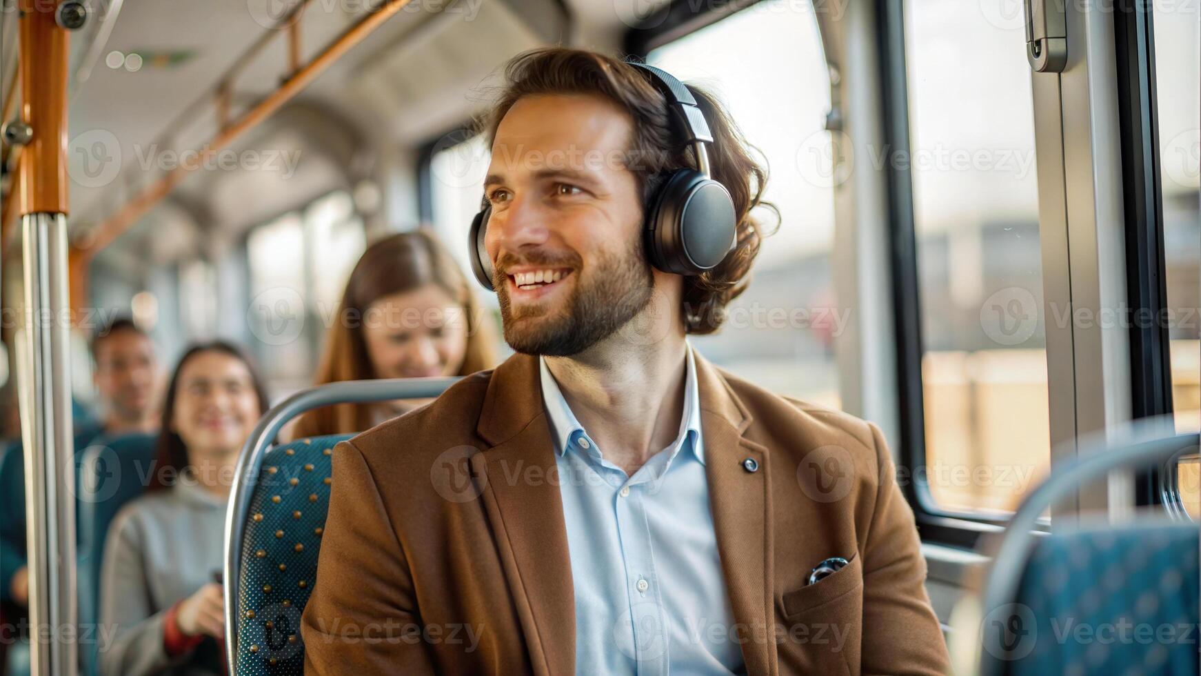 Young businessman in headphones riding in bus and listening to music with colleagues photo