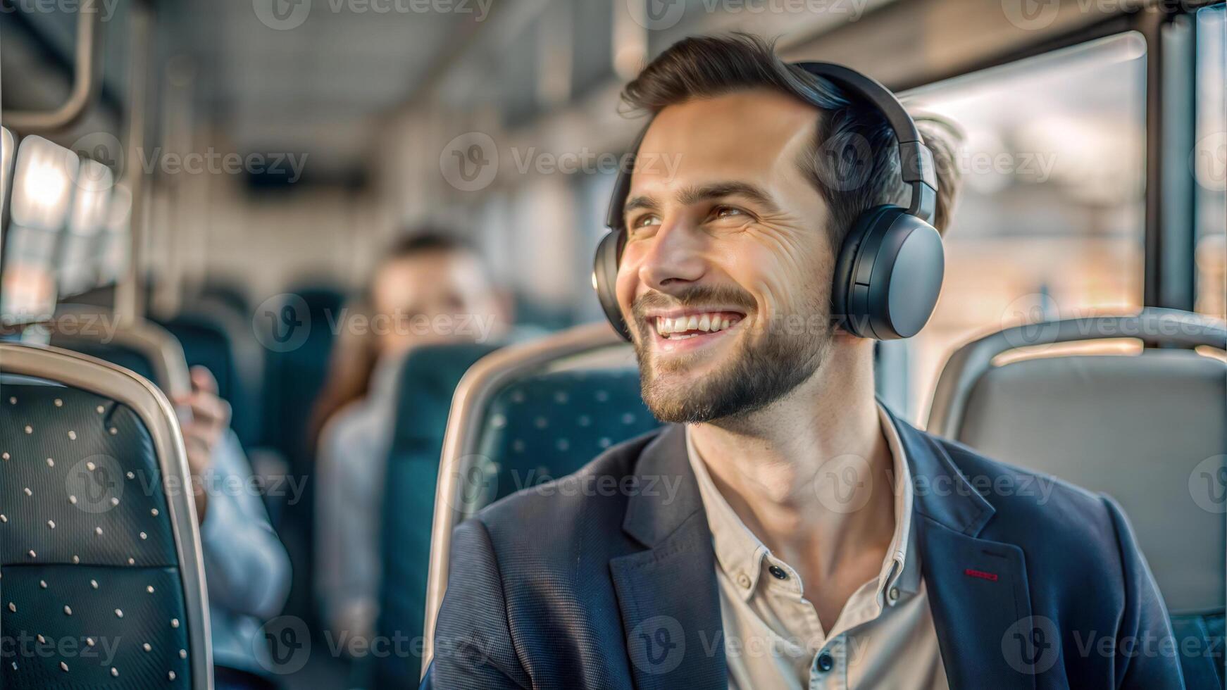 smiling businessman in headphones listening to music in bus and looking away photo