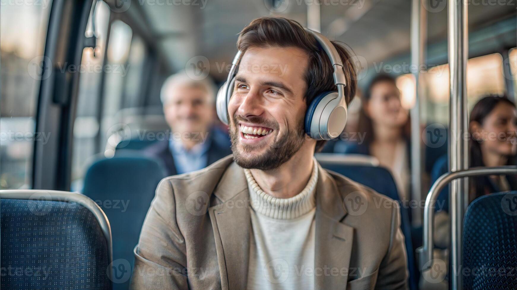 Smiling man listening to music in headphones while traveling by bus with colleagues photo