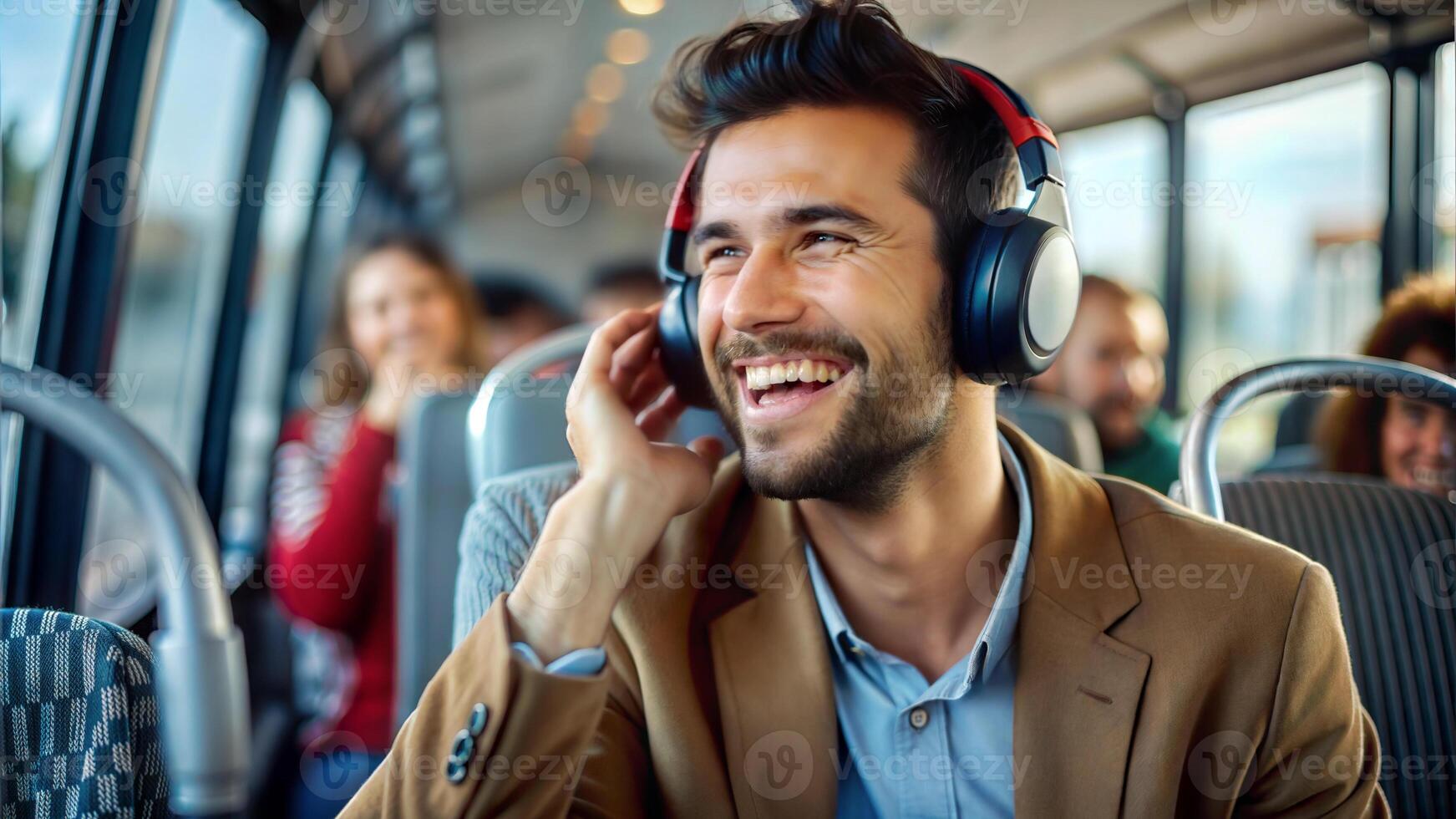 Portrait of young man listening to music with headphones while traveling by bus photo