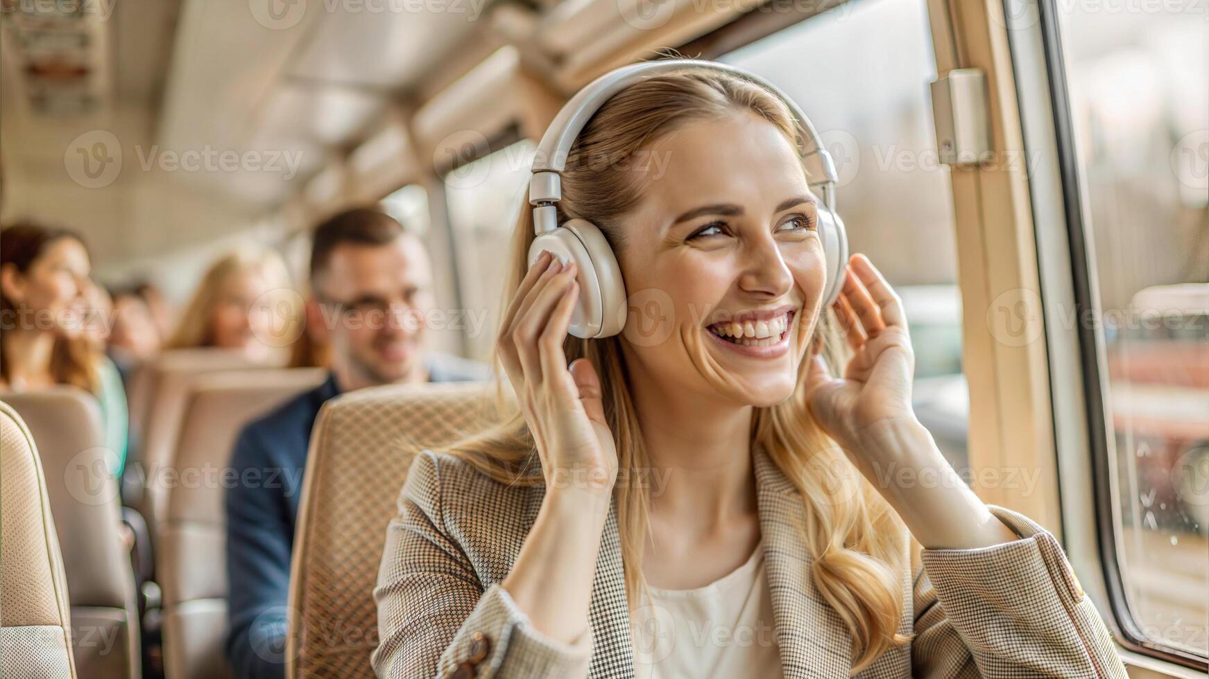 smiling young woman in headphones listening music in train and looking away photo