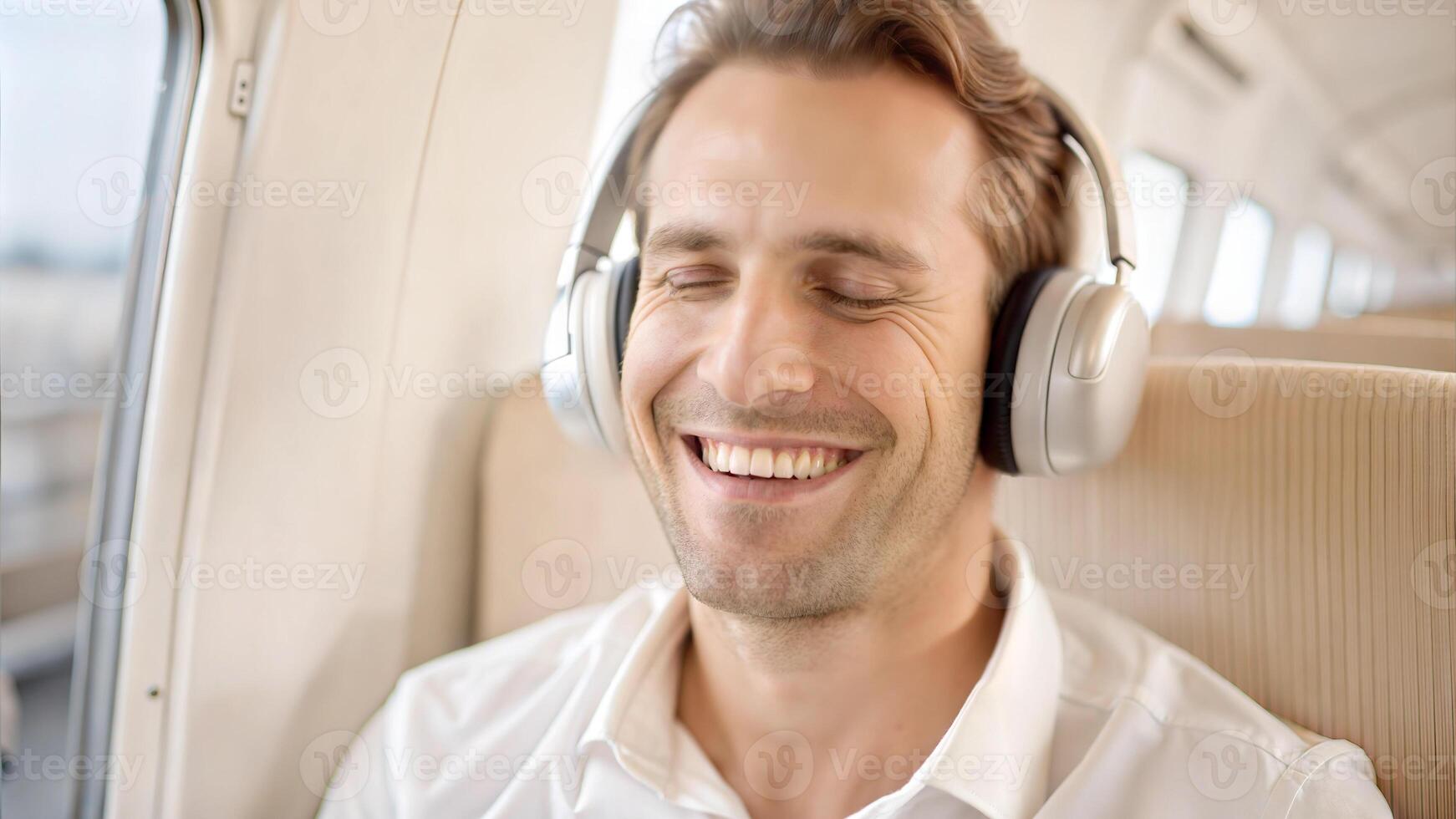 Close-up portrait of a handsome young man listening to music on the airplane photo