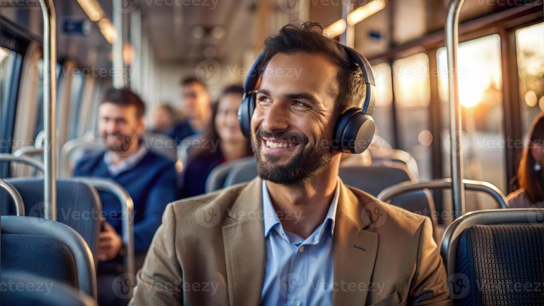 Smiling young man in headphones riding a bus and listening to music photo