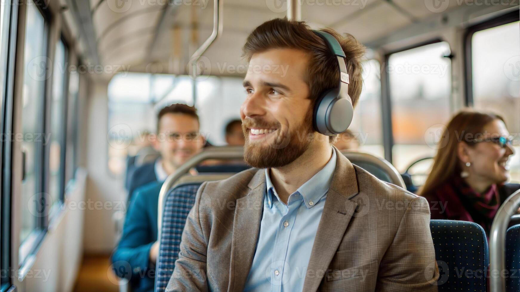 Businessman listening to music on headphones in bus, people on background photo