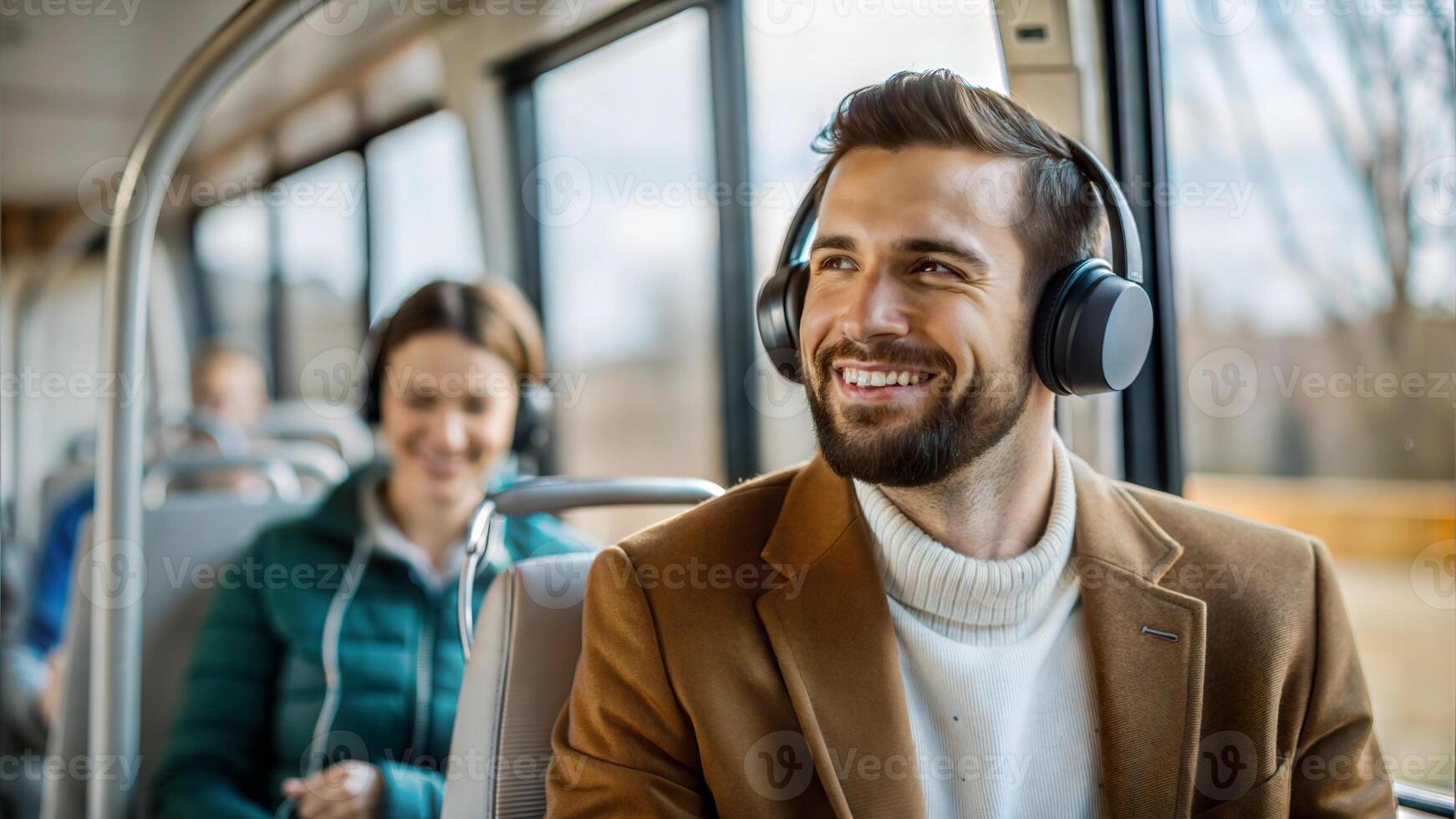 selective focus of smiling man in headphones riding in bus with girlfriend photo
