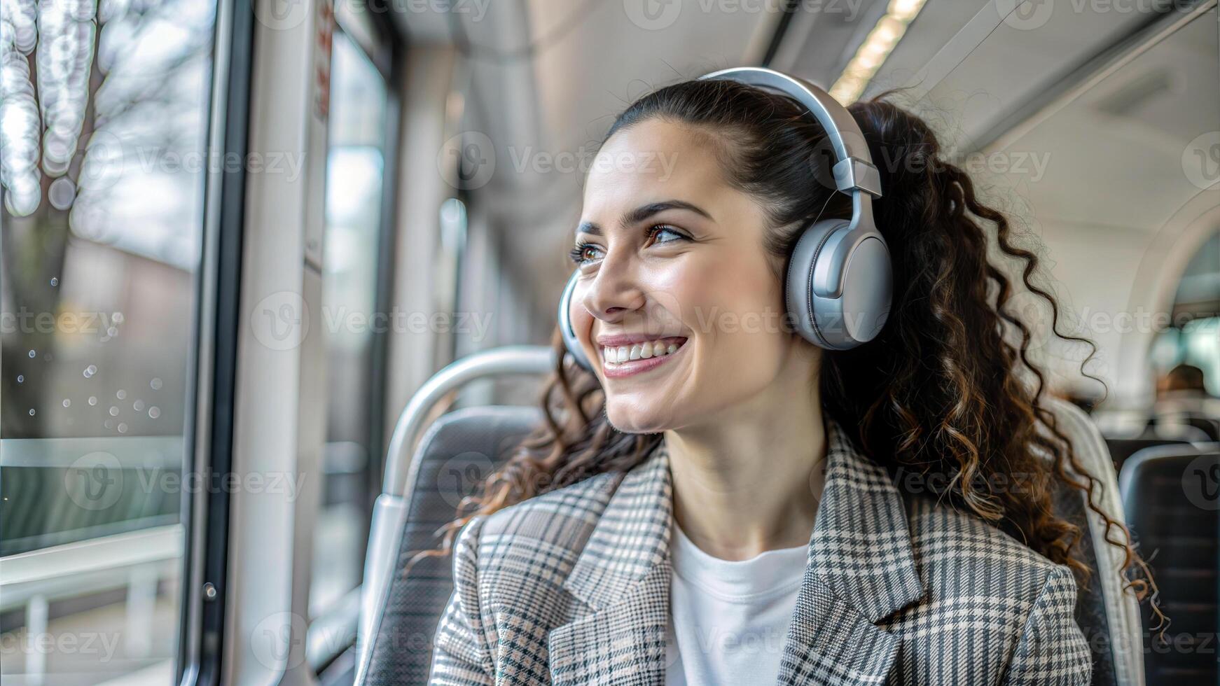 Portrait of a young businesswoman listening to music with headphones in the bus photo