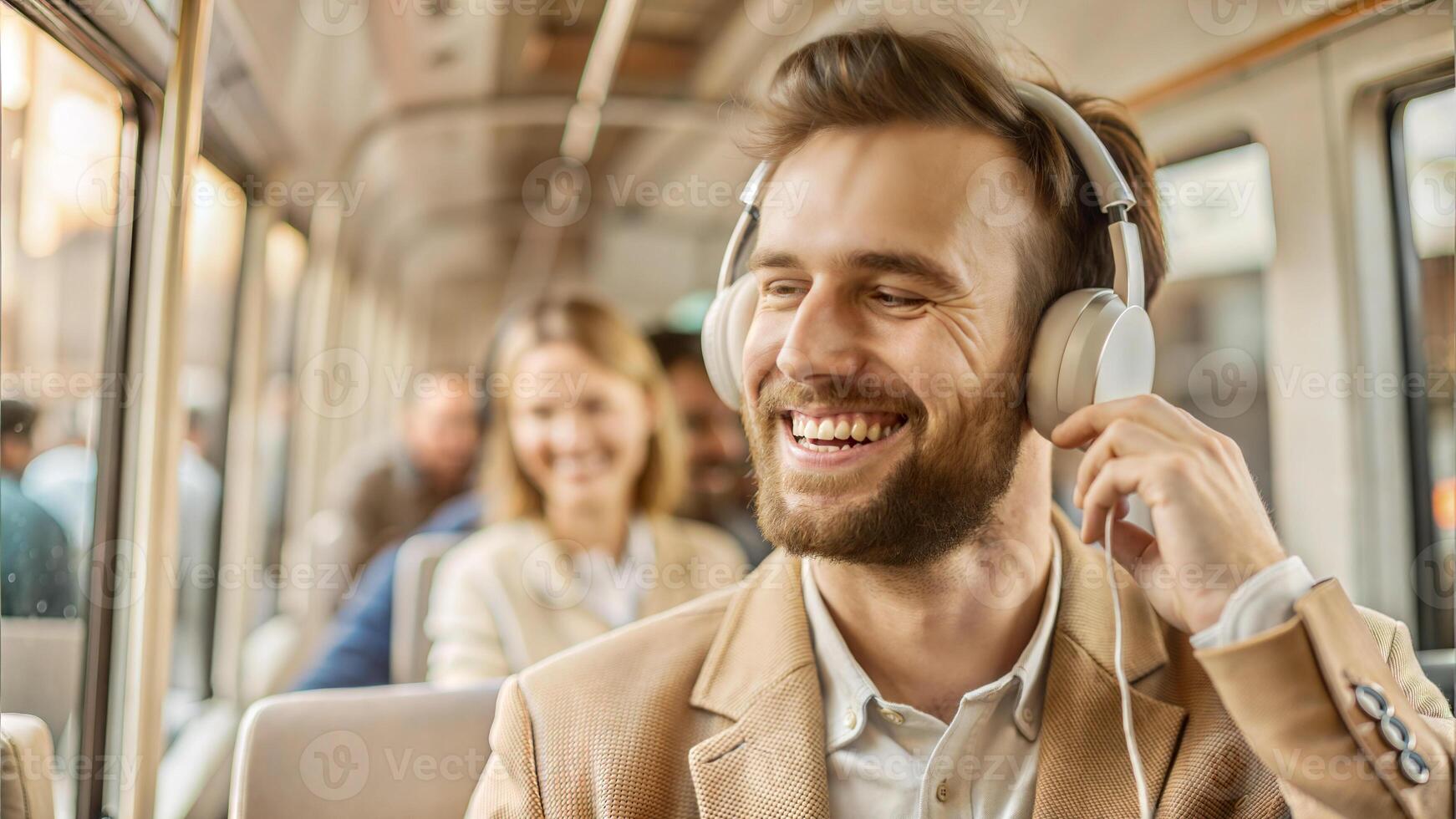 Young man listening to music with headphones in the bus, looking at camera and smiling photo