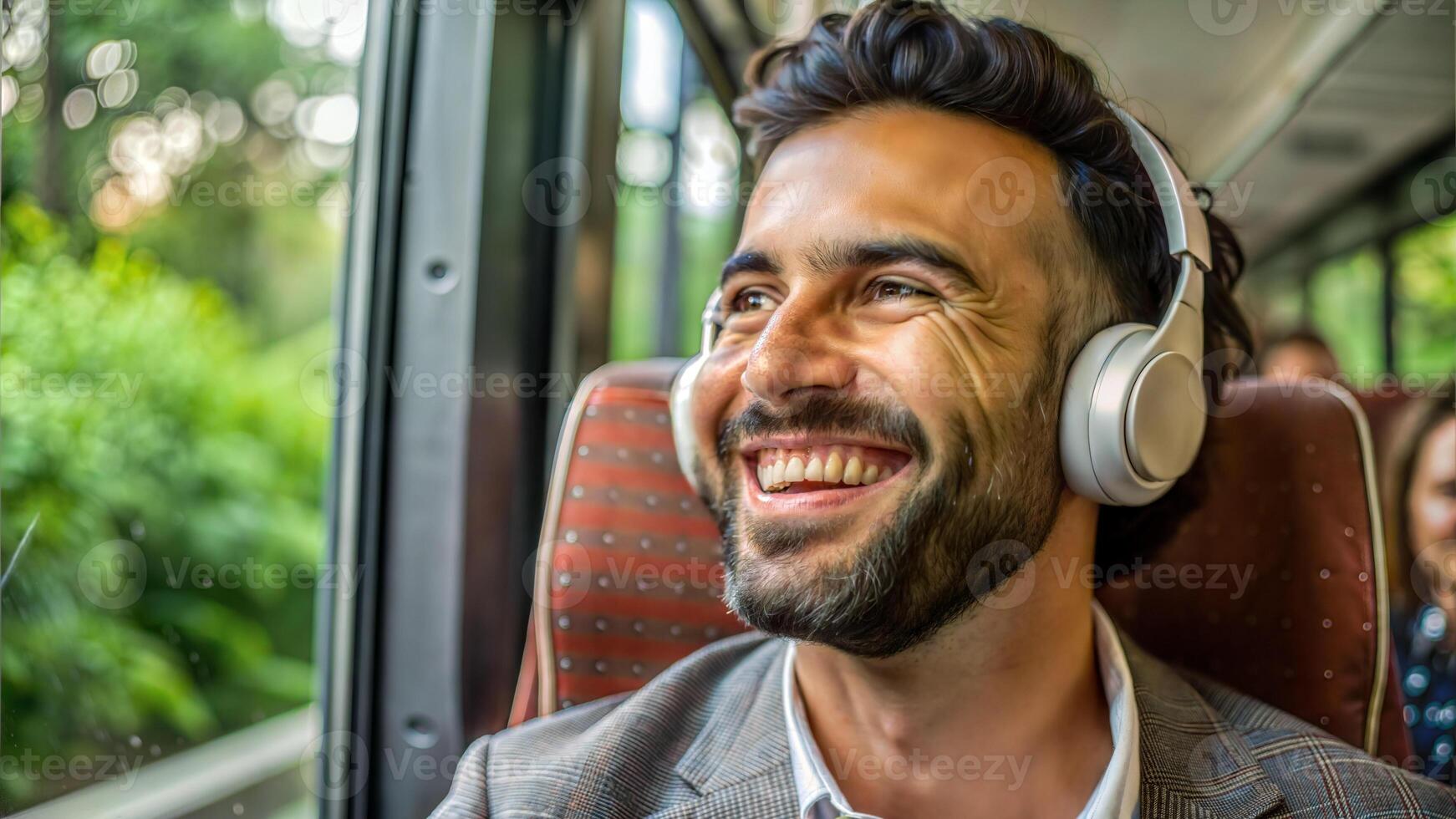 Portrait of handsome young man smiling and listening to music in the bus photo