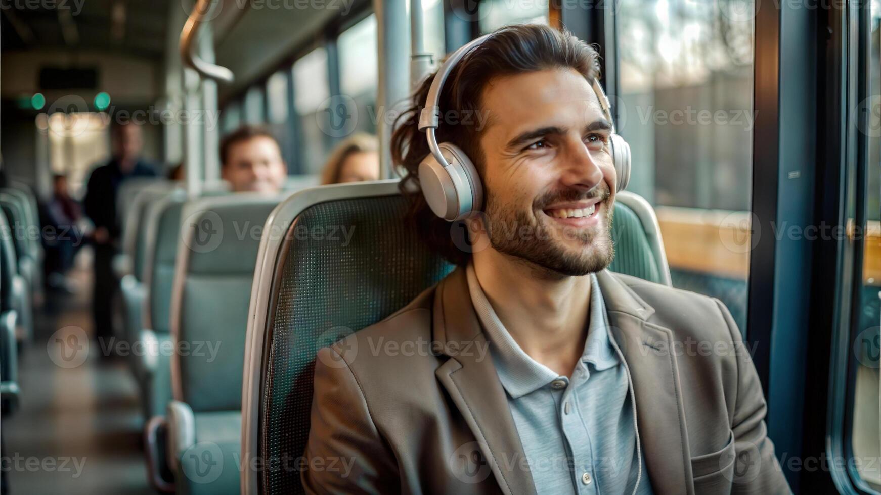 Businessman in headphones listening to music while traveling by bus. Smiling man in earphones listening to music in public transport. photo