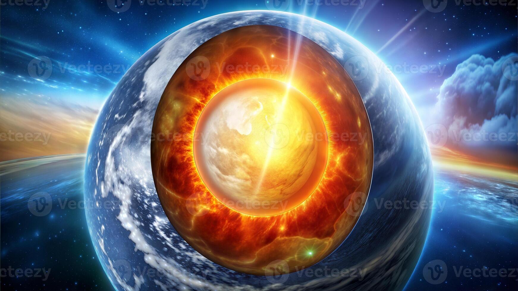 Earth planet with sun and stars in space. 3d rendering. photo