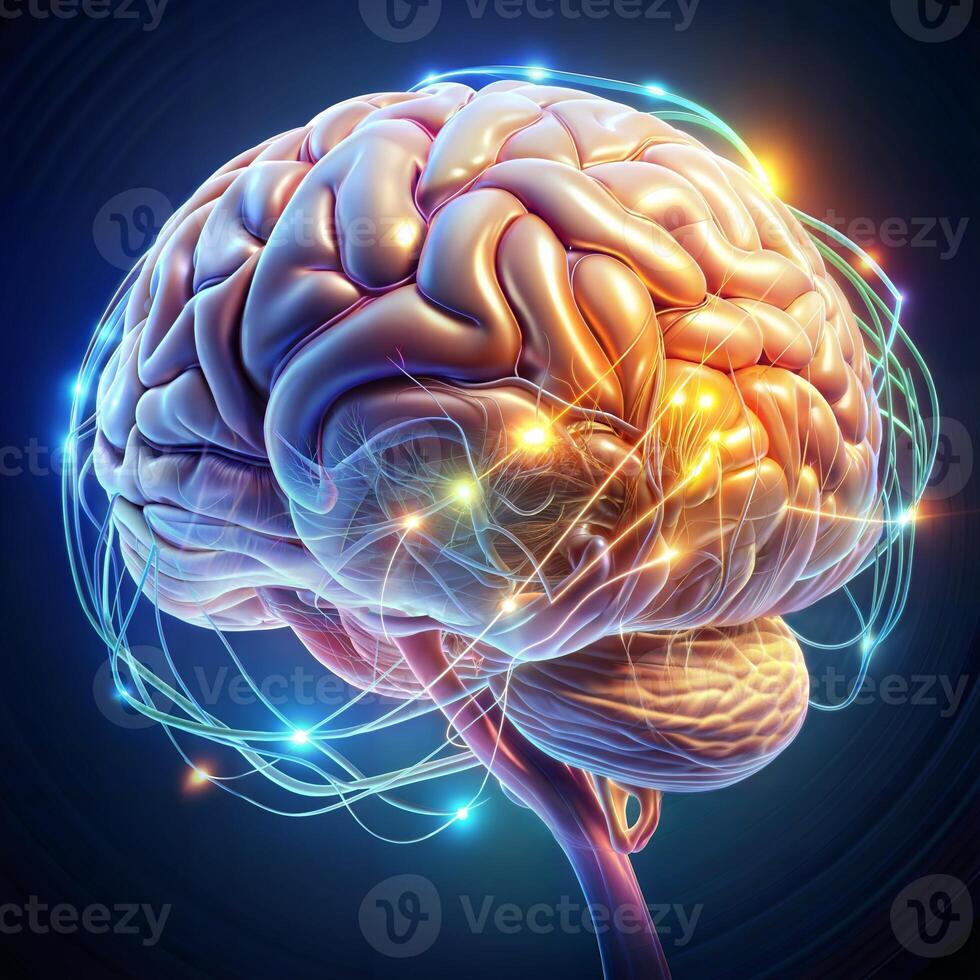 Human brain with neurons and nervous system, 3d illustration, horizontal photo