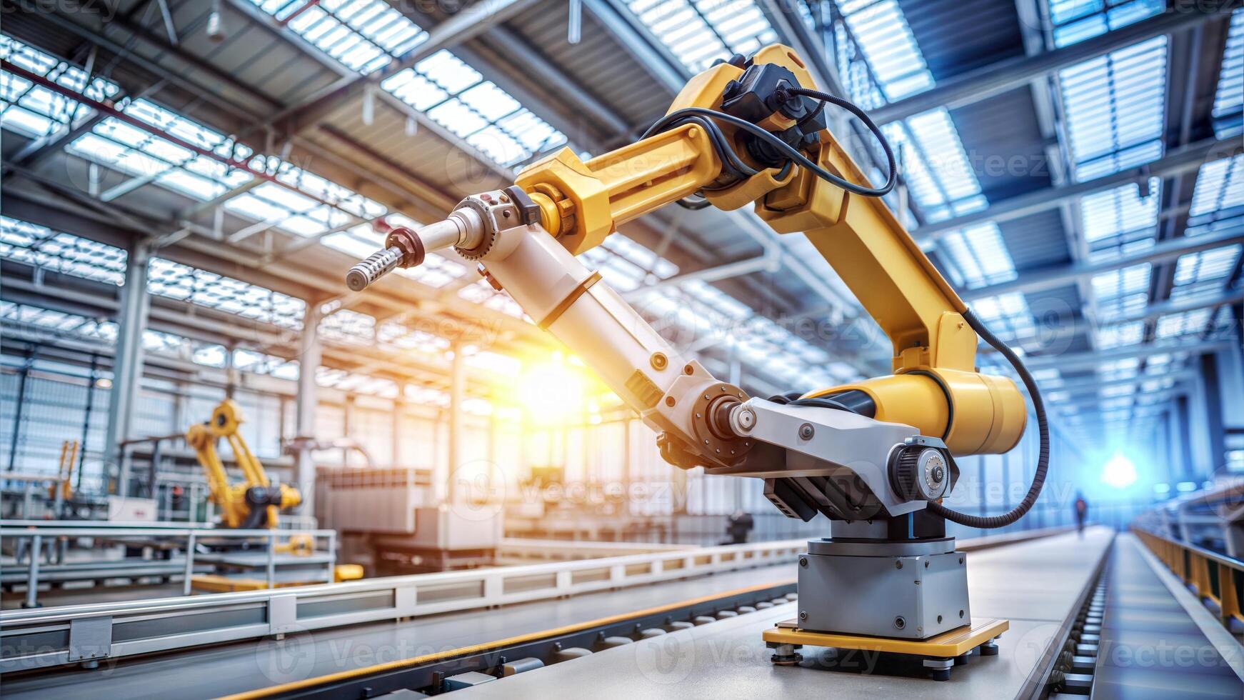 Smart industry robot arms for digital factory production technology showing automation manufacturing process of the Industry 4.0 or 4th industrial revolution and IOT software to control operation. photo