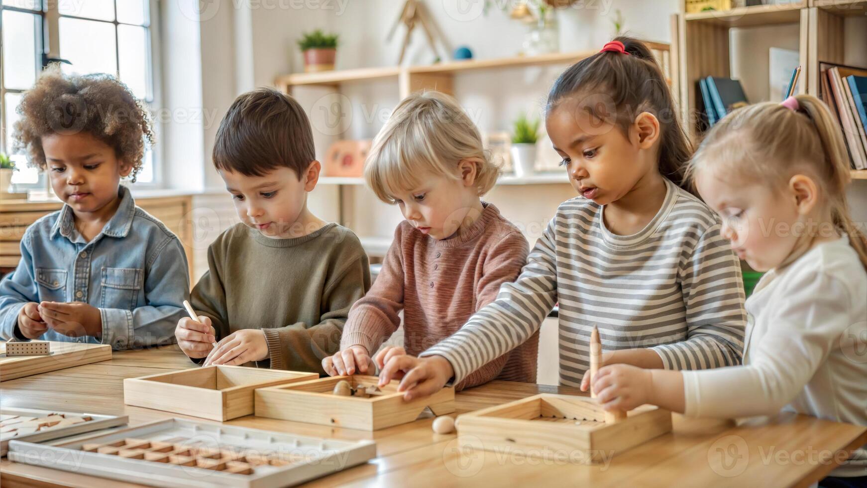 Cute little kids playing with wooden blocks in kindergarten. Cute children playing together at daycare or preschool. photo
